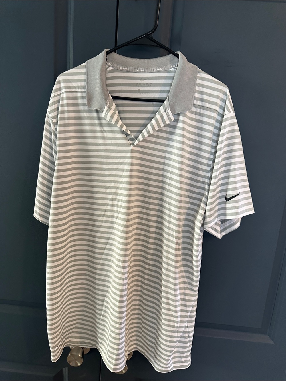 Golfers….Nike Light Gray and White Striped Polo. Nike golf
